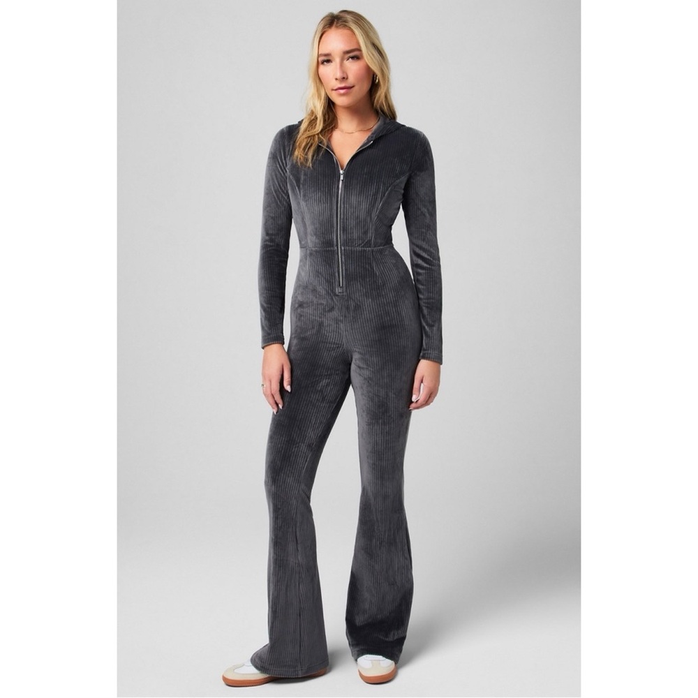 Fabletics plush ribbed hooded jumpsuit in charcoal grey